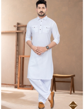 Men’s Pure White Cotton Pathani Kurta Set with Dual Flap Pockets