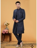 Midnight Blue Sequin-Embellished Indo-Western Set with Open-Front Jacket and Kurta