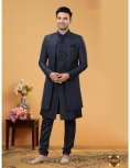 Midnight Blue Sequin-Embellished Indo-Western Set with Open-Front Jacket and Kurta