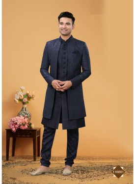 Midnight Blue Sequin-Embellished Indo-Western Set with Open-Front Jacket and Kurta