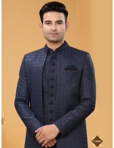 Midnight Blue Sequin-Embellished Indo-Western Set with Open-Front Jacket and Kurta