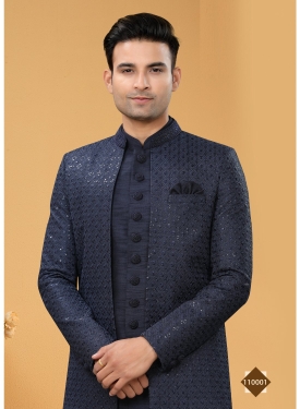 Midnight Blue Sequin-Embellished Indo-Western Set with Open-Front Jacket and Kurta