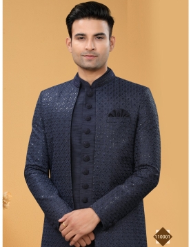 Midnight Blue Sequin-Embellished Indo-Western Set with Open-Front Jacket and Kurta
