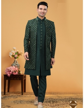 Emerald Green Embroidered Indo-Western Set with Mirror-Work Jacket and Silk Kurta