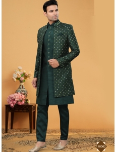 Emerald Green Embroidered Indo-Western Set with Mirror-Work Jacket and Silk Kurta