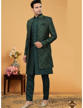 Emerald Green Embroidered Indo-Western Set with Mirror-Work Jacket and Silk Kurta