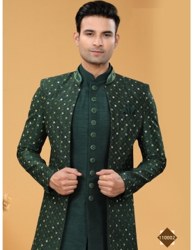 Emerald Green Embroidered Indo-Western Set with Mirror-Work Jacket and Silk Kurta