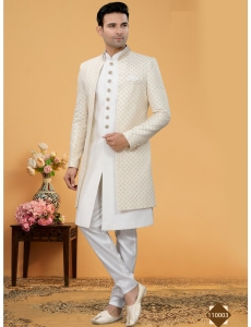 Ethereal Off-White Indo-Western Sherwani Set with Intricate Self-Thread Embroidery