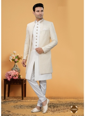 Ethereal Off-White Indo-Western Sherwani Set with Intricate Self-Thread Embroidery