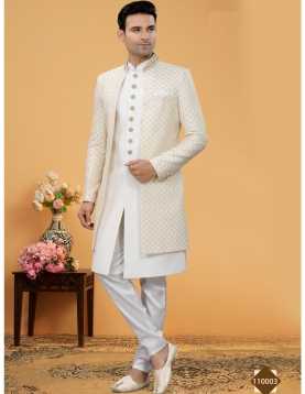 Ethereal Off-White Indo-Western Sherwani Set with Intricate Self-Thread Embroidery