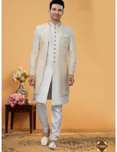 Ethereal Off-White Indo-Western Sherwani Set with Intricate Self-Thread Embroidery