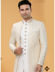 Ethereal Off-White Indo-Western Sherwani Set with Intricate Self-Thread Embroidery