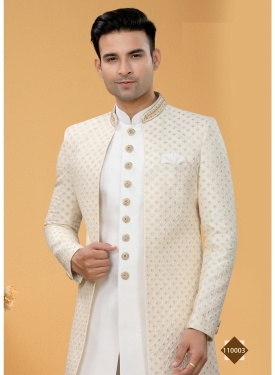 Ethereal Off-White Indo-Western Sherwani Set with Intricate Self-Thread Embroidery