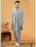 Grey Indo-Western Sherwani Set with Geometric Jacquard Jacket and Silk Kurta