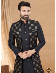 Men's Black Indo-Western Kurta Set with Gold Geometric Embroidered Long Jacket