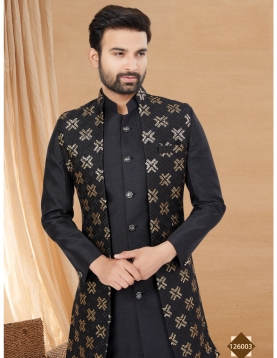 Men's Black Indo-Western Kurta Set with Gold Geometric Embroidered Long Jacket