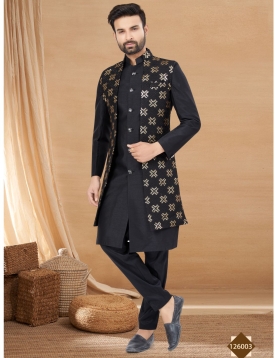 Men's Black Indo-Western Kurta Set with Gold Geometric Embroidered Long Jacket