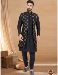 Men's Black Indo-Western Kurta Set with Gold Geometric Embroidered Long Jacket