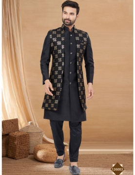 Men's Black Indo-Western Kurta Set with Gold Geometric Embroidered Long Jacket