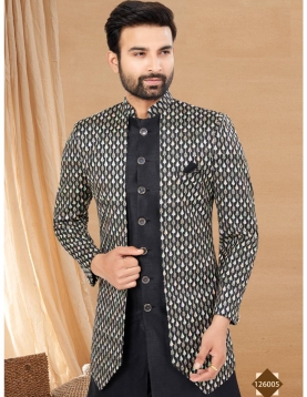 Men's Black Indo-Western Sherwani Set with Embroidery and Sequence work Open-Front Jacket