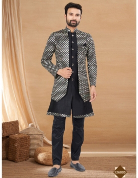 Men's Black Indo-Western Sherwani Set with Embroidery and Sequence work Open-Front Jacket