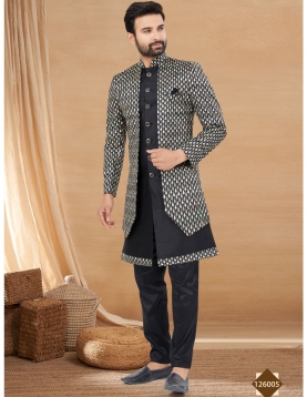 Men's Black Indo-Western Sherwani Set with Embroidery and Sequence work Open-Front Jacket