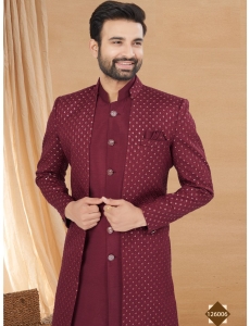 Maroon Embroidered Indo-Western Sherwani Set with Mandarin Collar