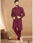 Maroon Embroidered Indo-Western Sherwani Set with Mandarin Collar