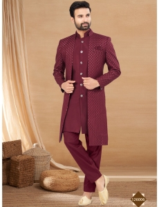 Maroon Embroidered Indo-Western Sherwani Set with Mandarin Collar