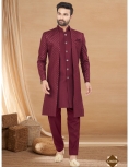 Maroon Embroidered Indo-Western Sherwani Set with Mandarin Collar