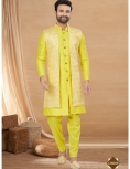 Lemon Yellow Embroidered Indo-Western Nehru Jacket and Kurta Set