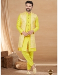 Lemon Yellow Embroidered Indo-Western Nehru Jacket and Kurta Set