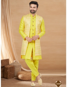 Lemon Yellow Embroidered Indo-Western Nehru Jacket and Kurta Set