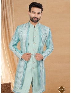 Sequoia Blue Sequinned Indo-Western Sherwani Set with Open-Front Jacket