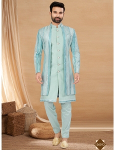 Sequoia Blue Sequinned Indo-Western Sherwani Set with Open-Front Jacket
