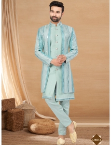 Sequoia Blue Sequinned Indo-Western Sherwani Set with Open-Front Jacket