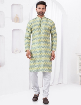 Yellow and Sage Geometric Ikat Kurta Set