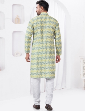 Yellow and Sage Geometric Ikat Kurta Set