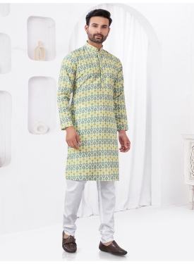 Yellow and Sage Geometric Ikat Kurta Set