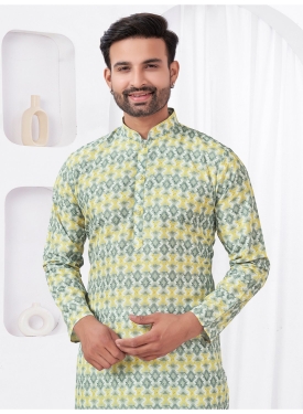 Yellow and Sage Geometric Ikat Kurta Set