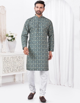 Men’s Teal Floral Printed Cotton Kurta with White Pajama Set