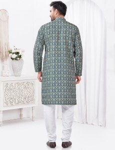 Men’s Teal Floral Printed Cotton Kurta with White Pajama Set