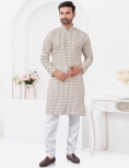 Off-White & Charcoal Geometric Printed Kurta Pajama Set