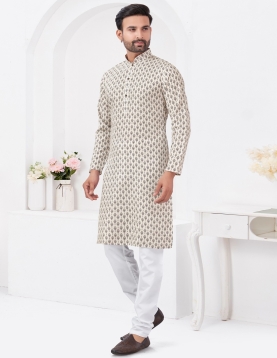 Off-White & Charcoal Geometric Printed Kurta Pajama Set