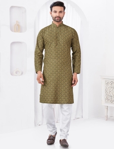 Men's Olive Green Print Cotton Kurta Pajama Set