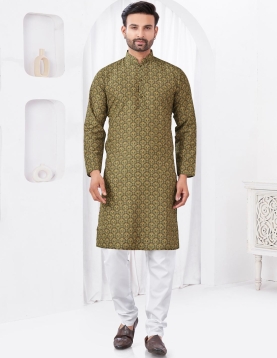 Men's Olive Green Print Cotton Kurta Pajama Set