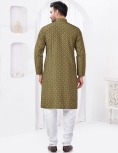 Men's Olive Green Print Cotton Kurta Pajama Set