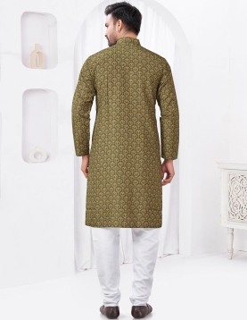 Men's Olive Green Print Cotton Kurta Pajama Set