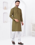 Men's Olive Green Print Cotton Kurta Pajama Set