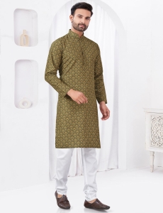 Men's Olive Green Print Cotton Kurta Pajama Set